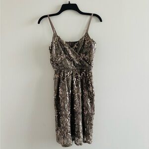 Y2K Express Dress Mini Bronze Sequin V Neck Lined Womens XS Party Glam Going Out